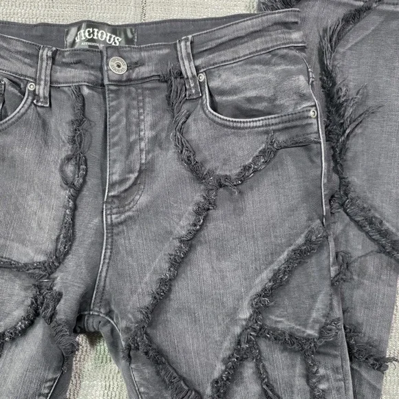Vicious Men's Black Distressed Web Detail Cotton Jeans Size 34 - Picture 4 of 13